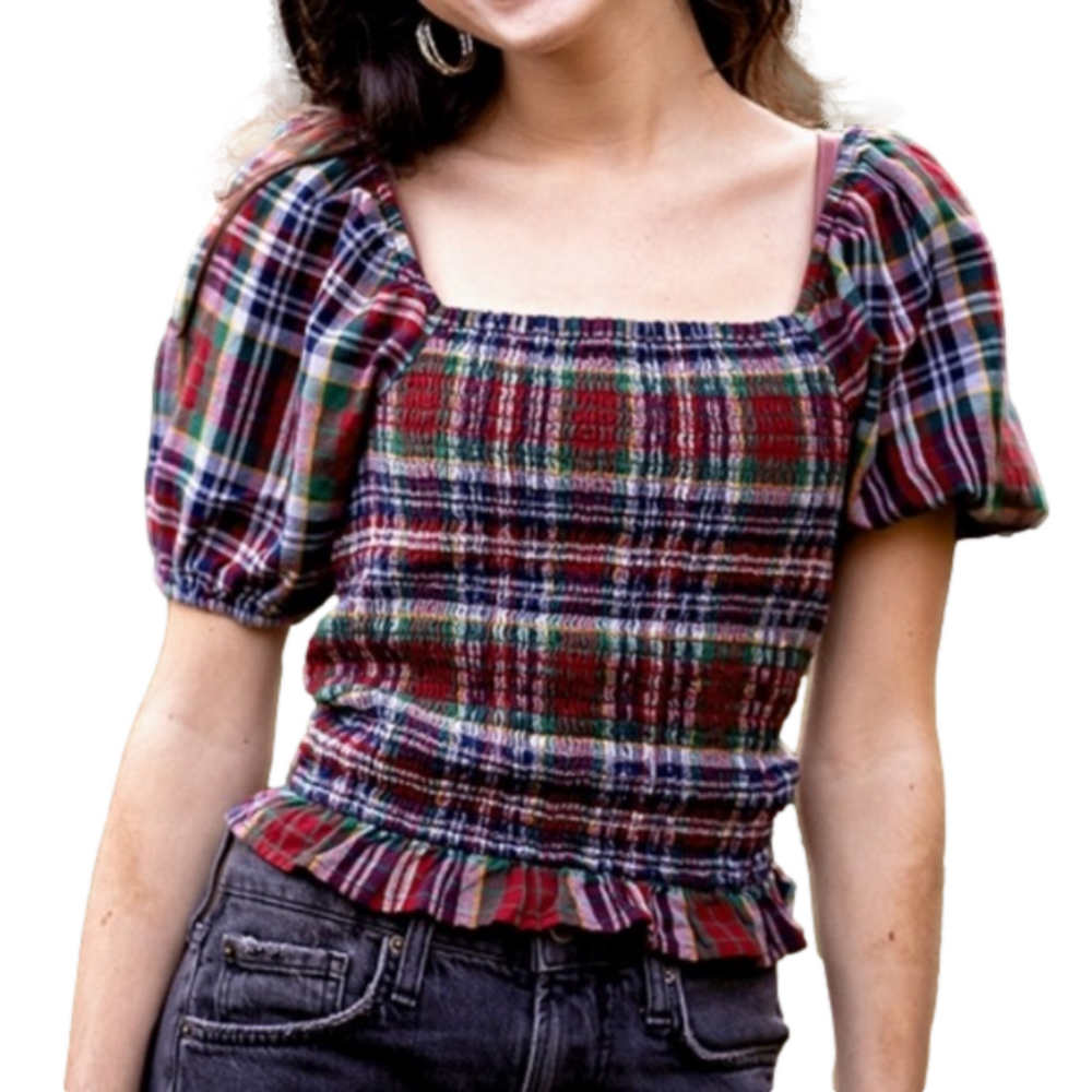 American Eagle Outfitters Red Plaid Smocked Crop Top